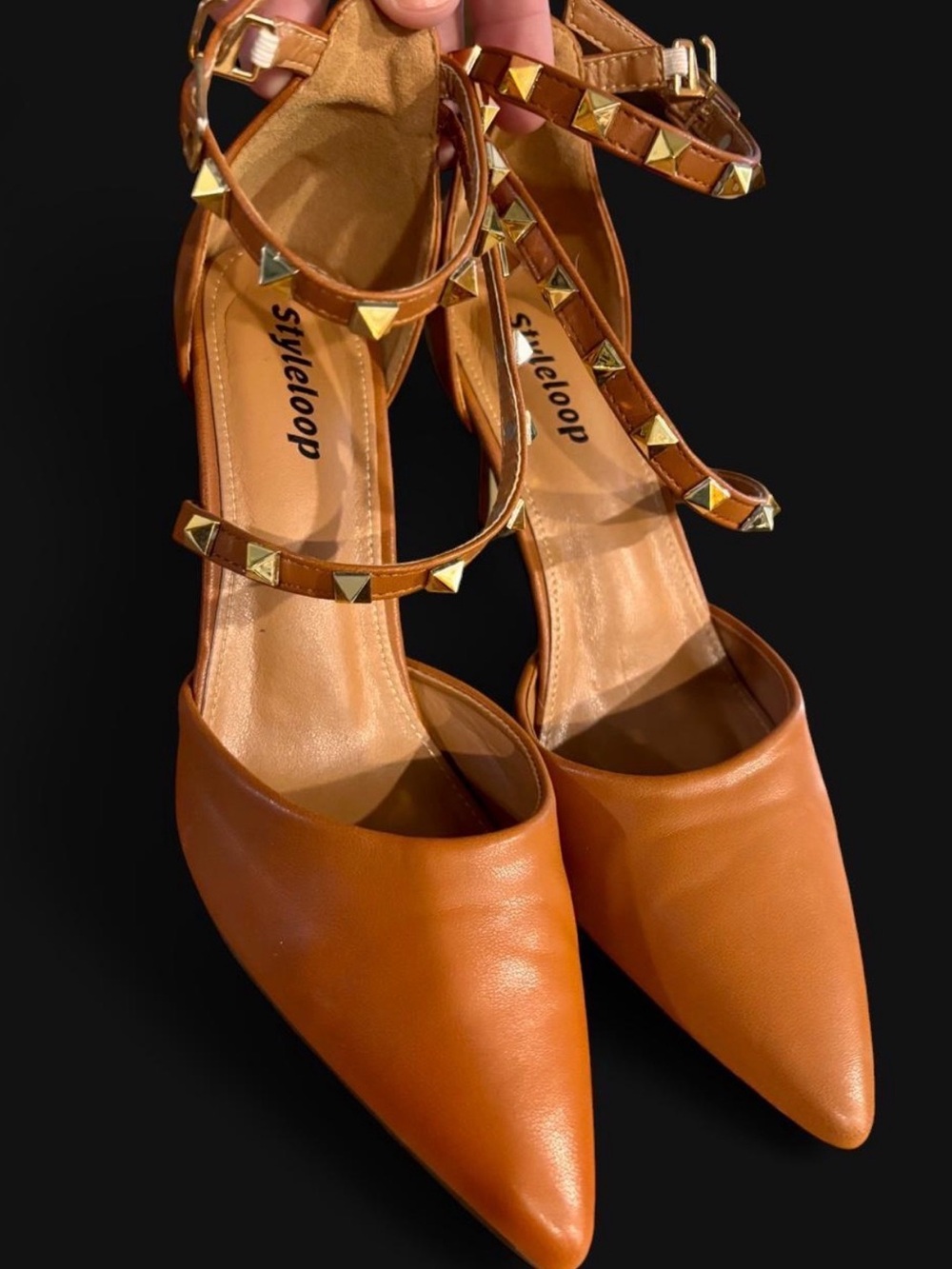 Tan Pointed-Toe Ankle-Strap Heels with Gold Studs